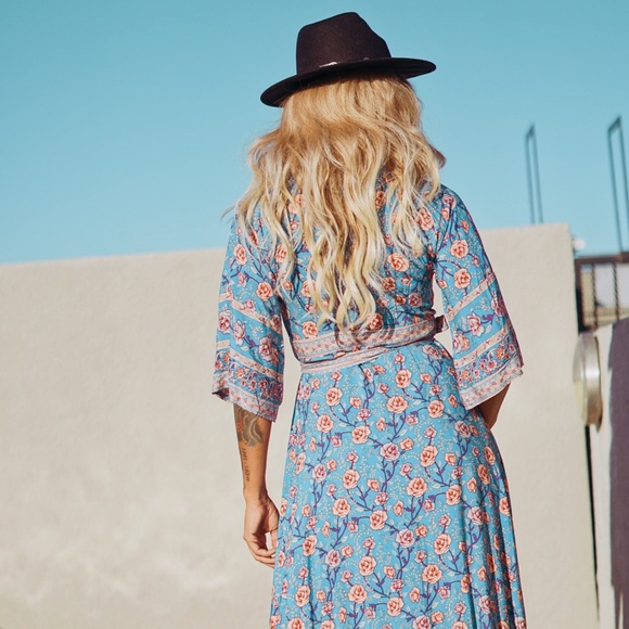 Bohemian Spell Style Blue Kimono Wrap Maxi Dress - Picture 2 of 8